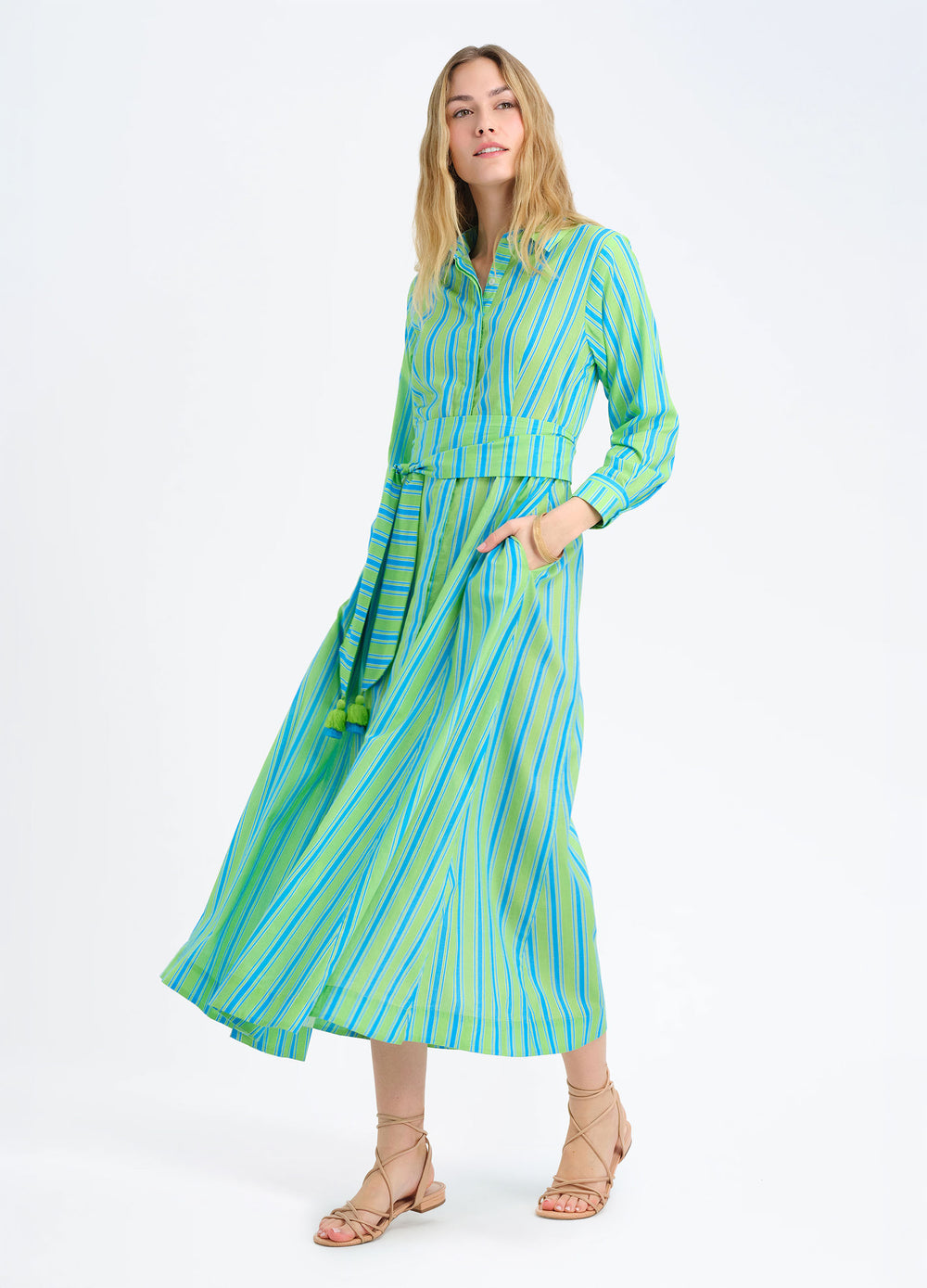 Kit Shirtdress in Cabana Blue, skirt in motion, hand in pocket