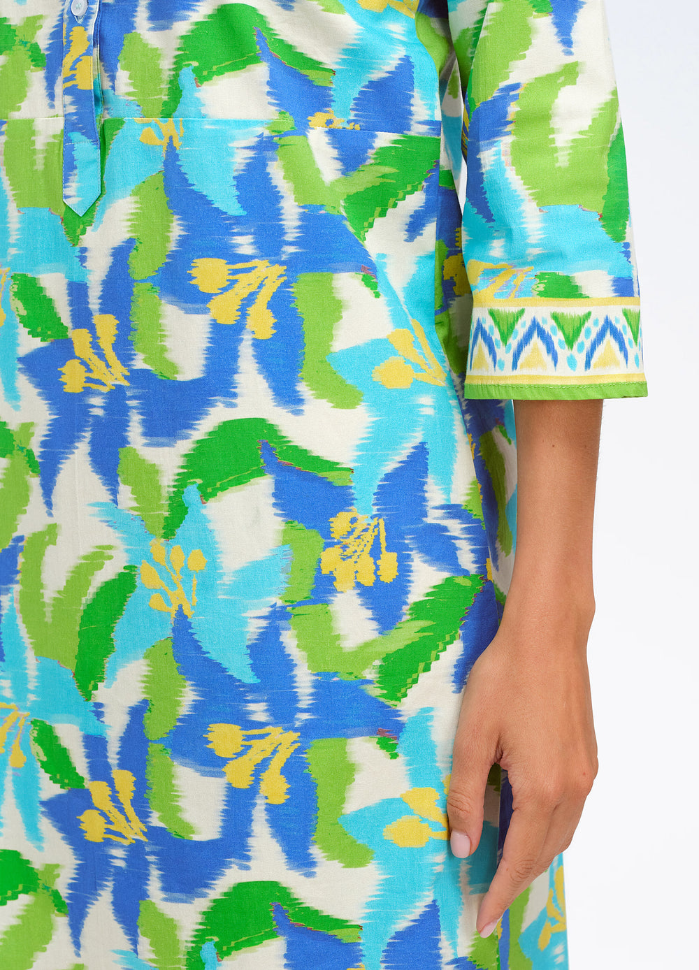 Charlie Dress in Lily Blue, close-up of the print and cuff