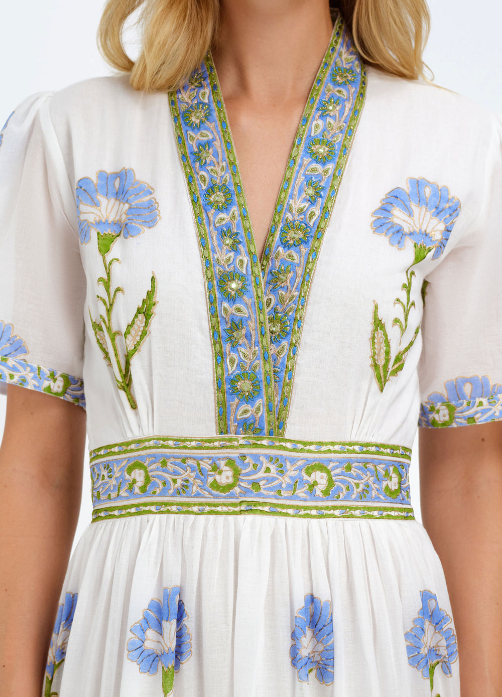 Erin Dress in Nicole Blue, close-up of the neckline and waistband