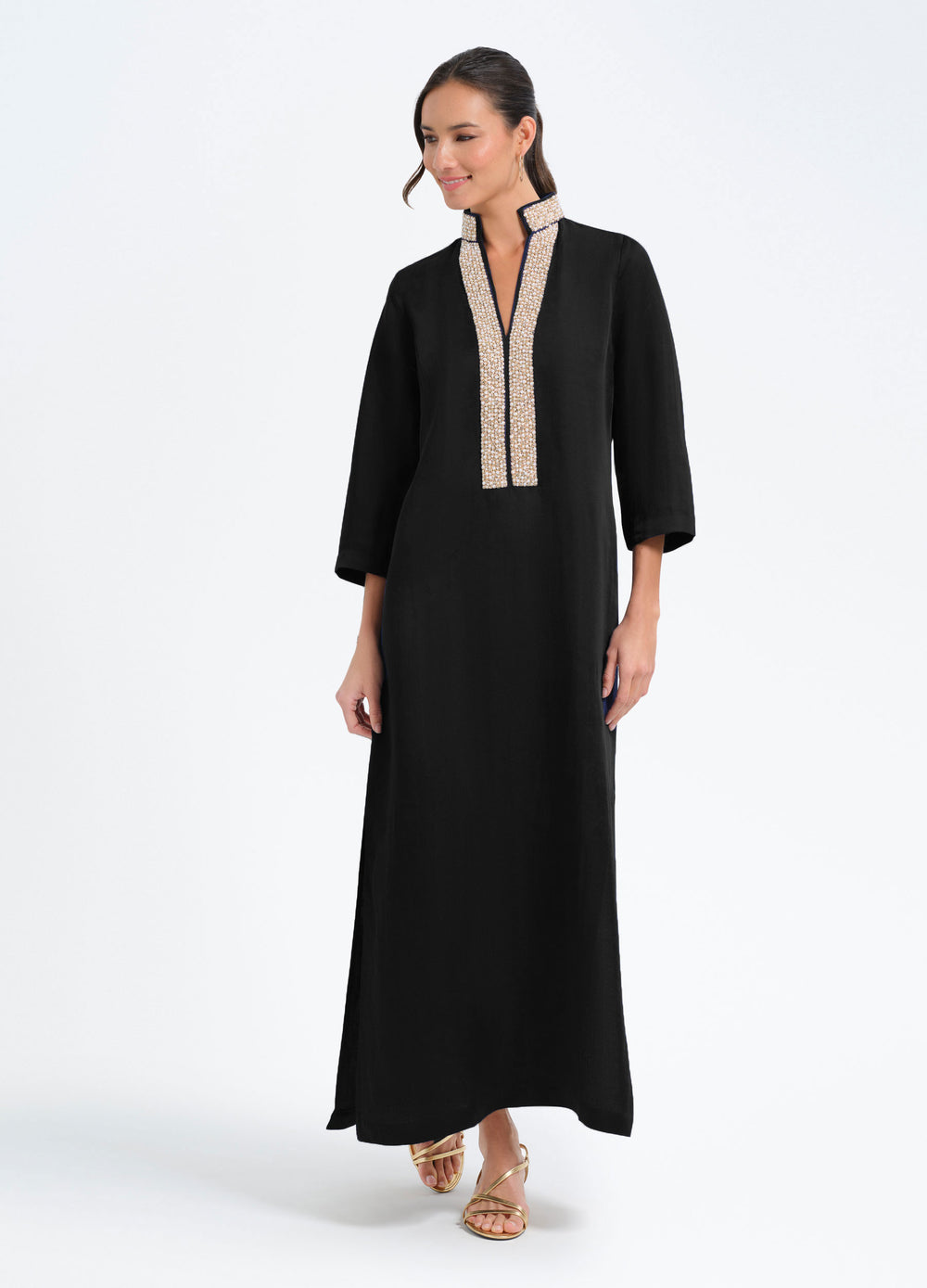 Pearl 3/4 Sleeve Caftan in Black, front view, stepping forward