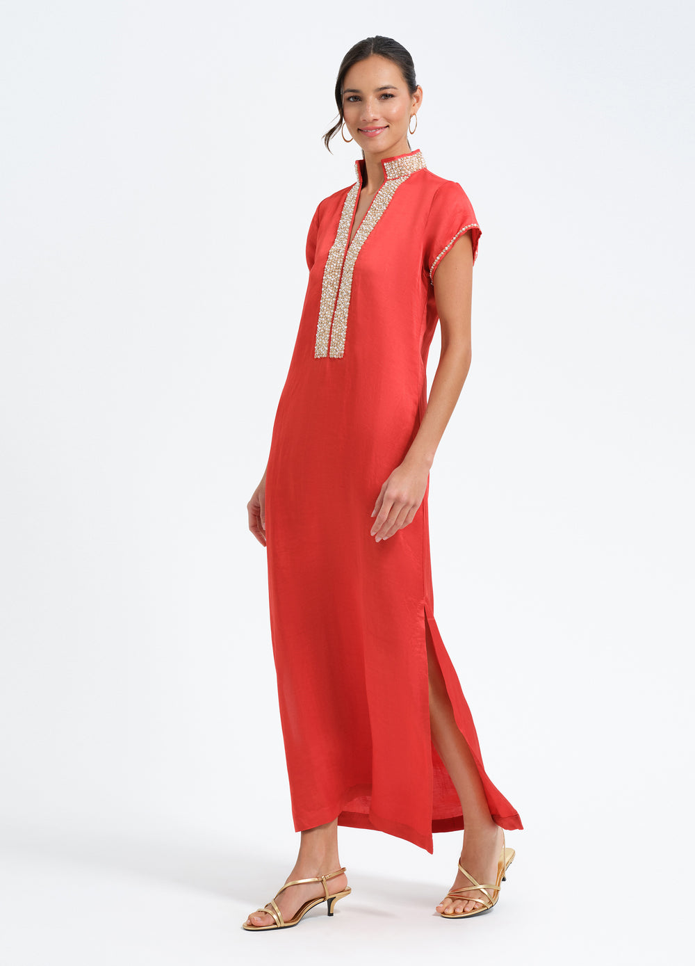 Pearl Cap Sleeve Caftan in Red, three-quarter view, stepping forward