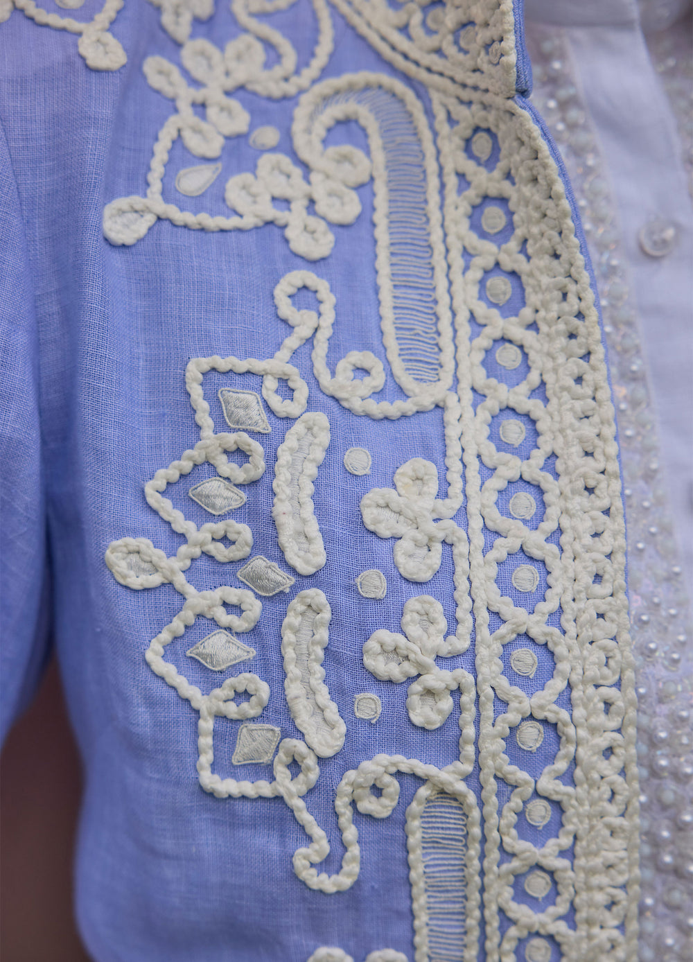Ceci Jacket in Blue, close-up of the embroidery