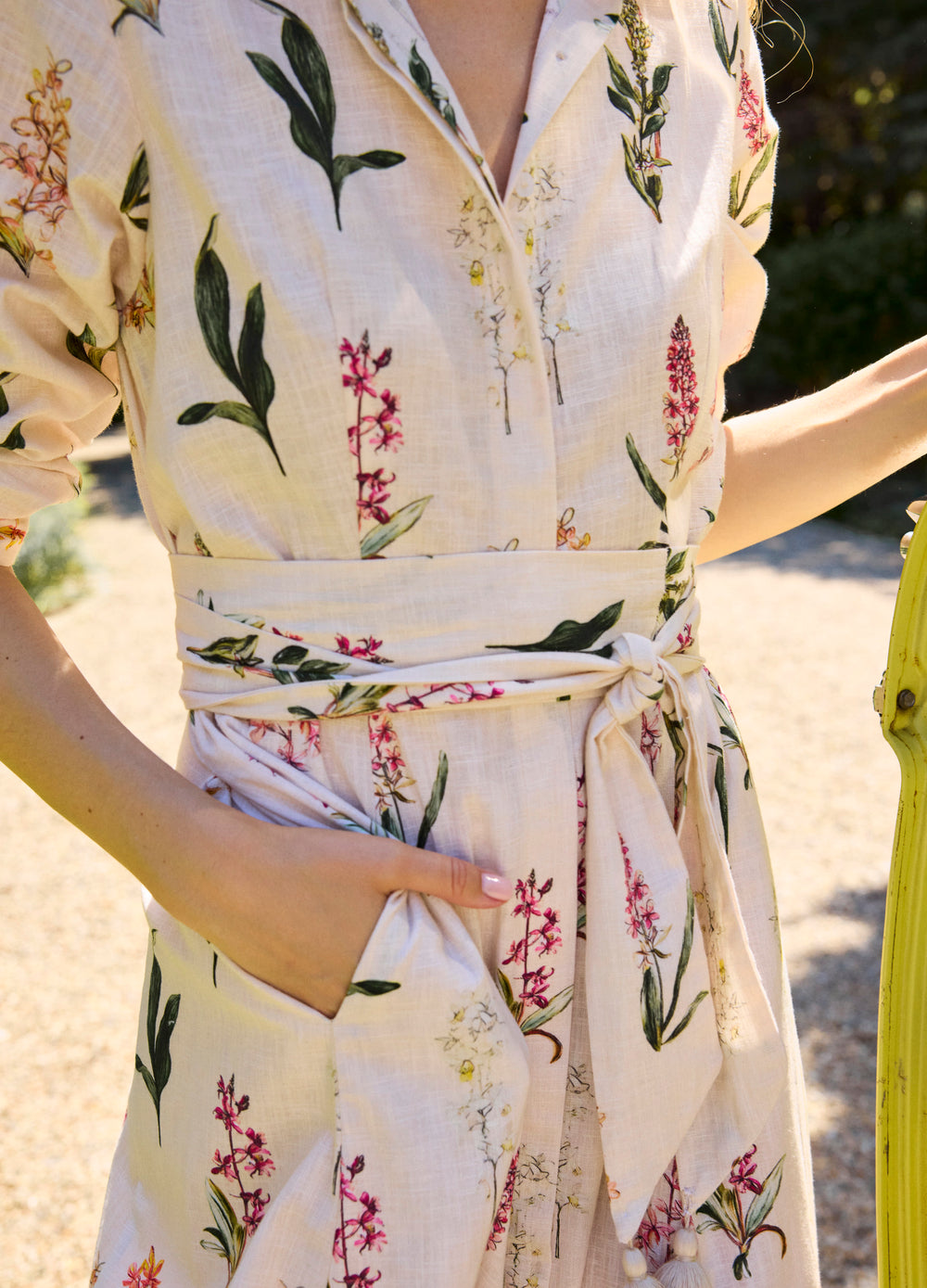 Kit Shirtdress in Sylvia Sand, close-up of the sash and pocket