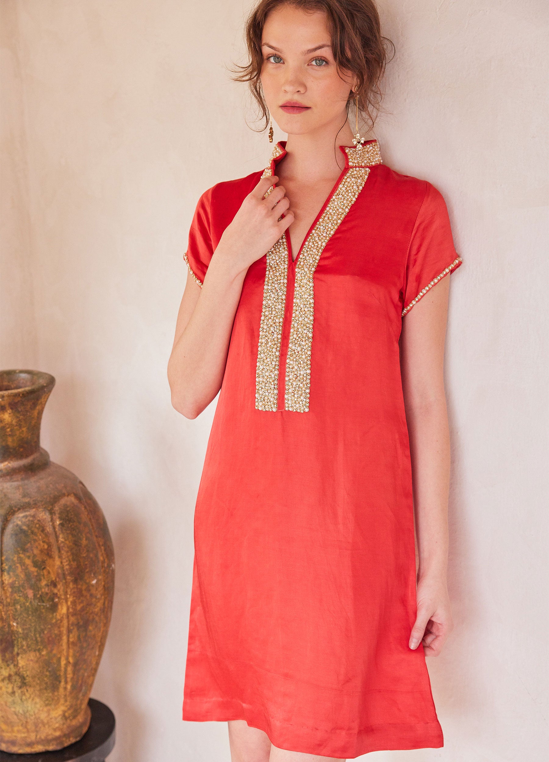 Pearl Cap Sleeve Dress Red / xs Pearl Cap Sleeve Dress Red / xs