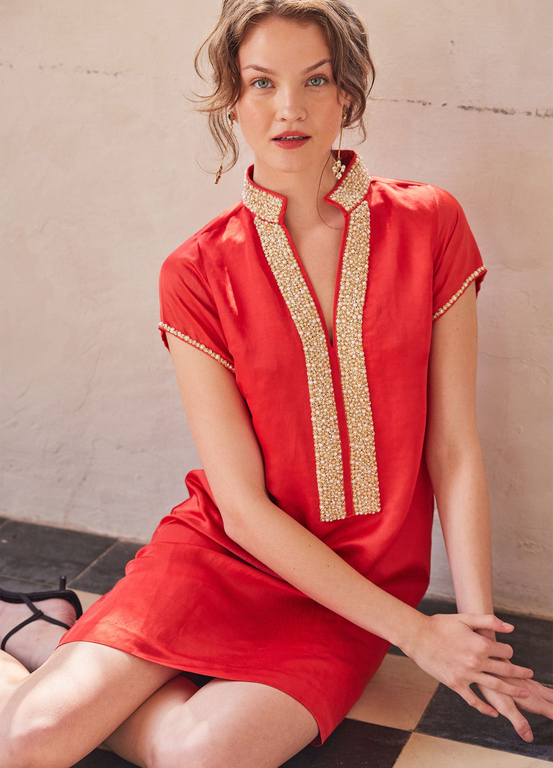 Pearl Cap Sleeve Dress Red / xs Pearl Cap Sleeve Dress Red / xs