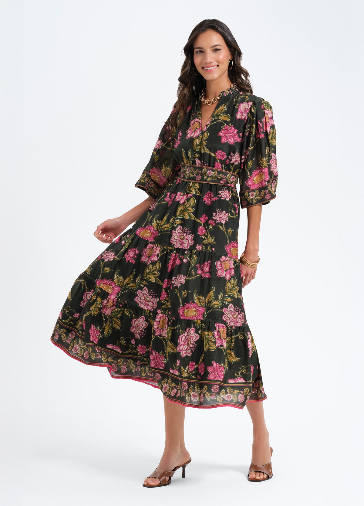 Becca Dress in Lila Pink, front view, holding out the skirt