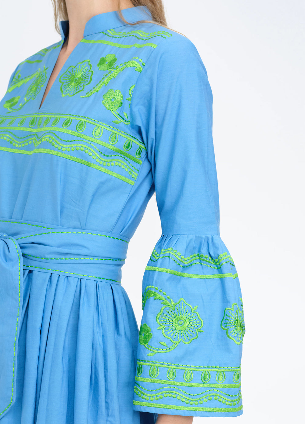 Elena Dress in Cornflower, close-up of the embroidered sleeve and bodice