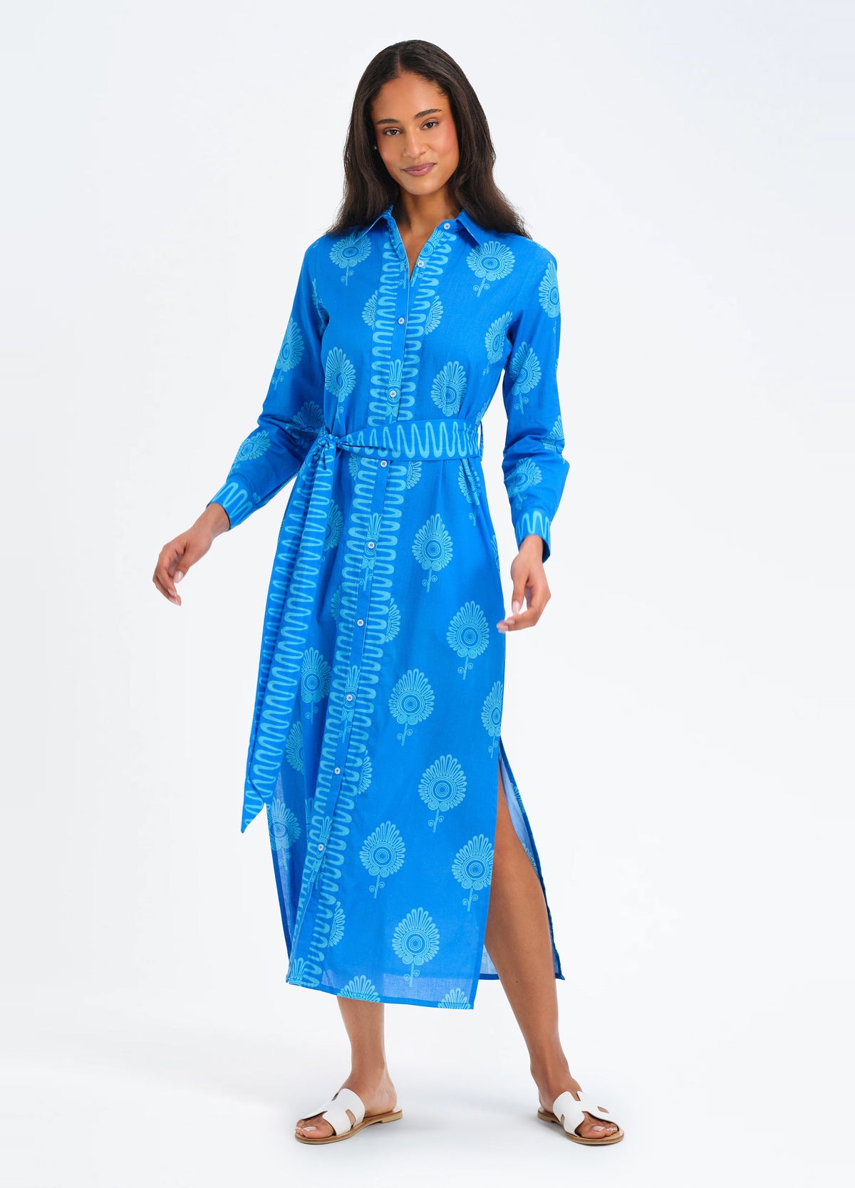 Peyton Shirtdress in Paros Blue, front view, showing the side slit