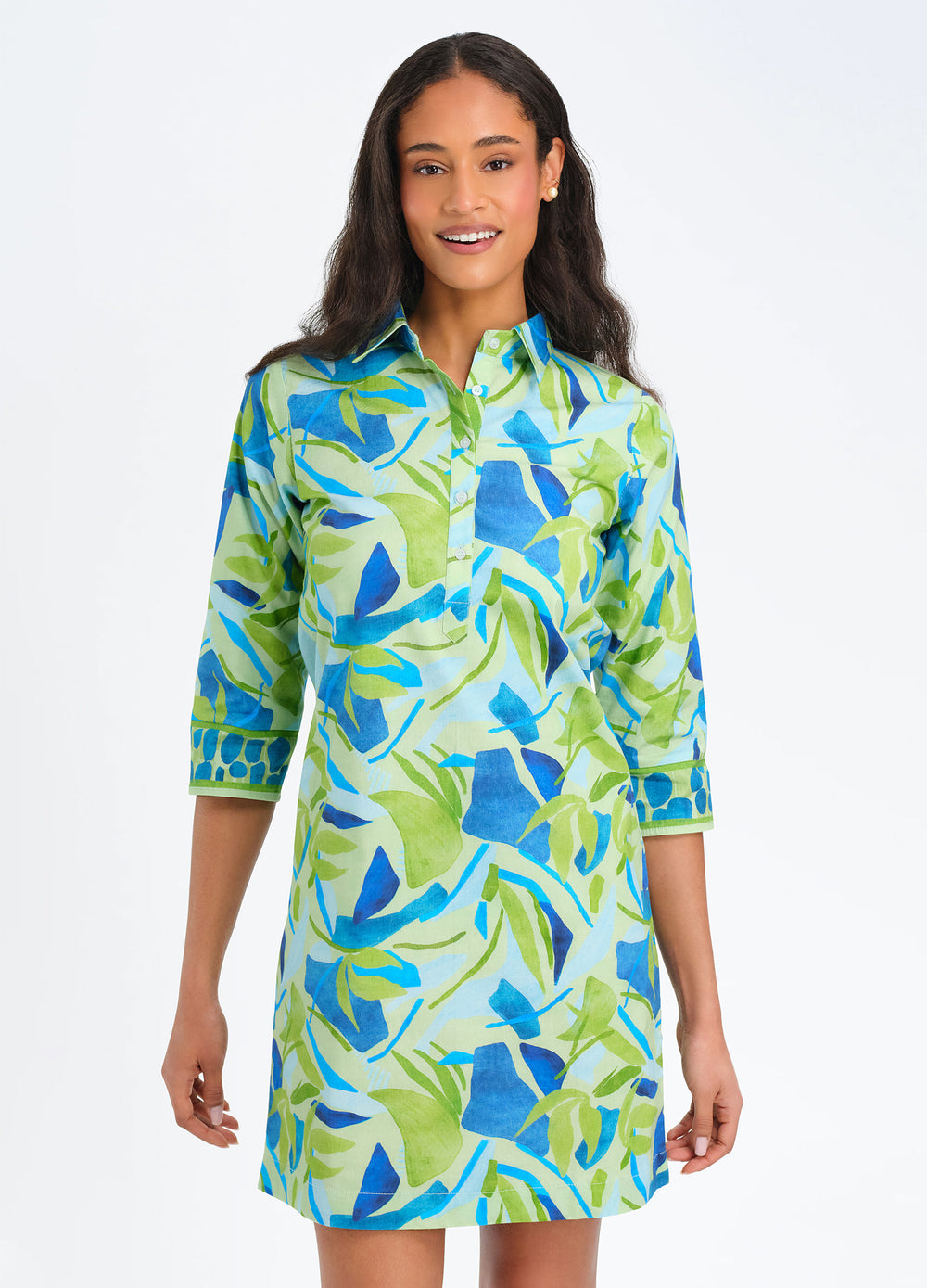 Charlie Dress in Palms Blue, closer front view