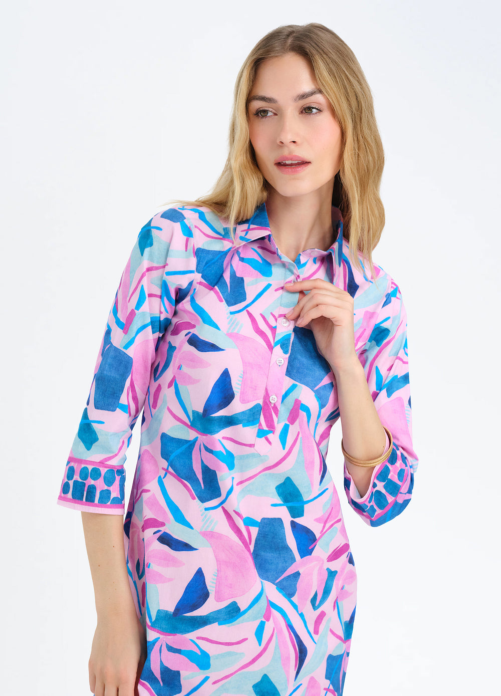 Charlie Dress in Palms Pink, closer front view