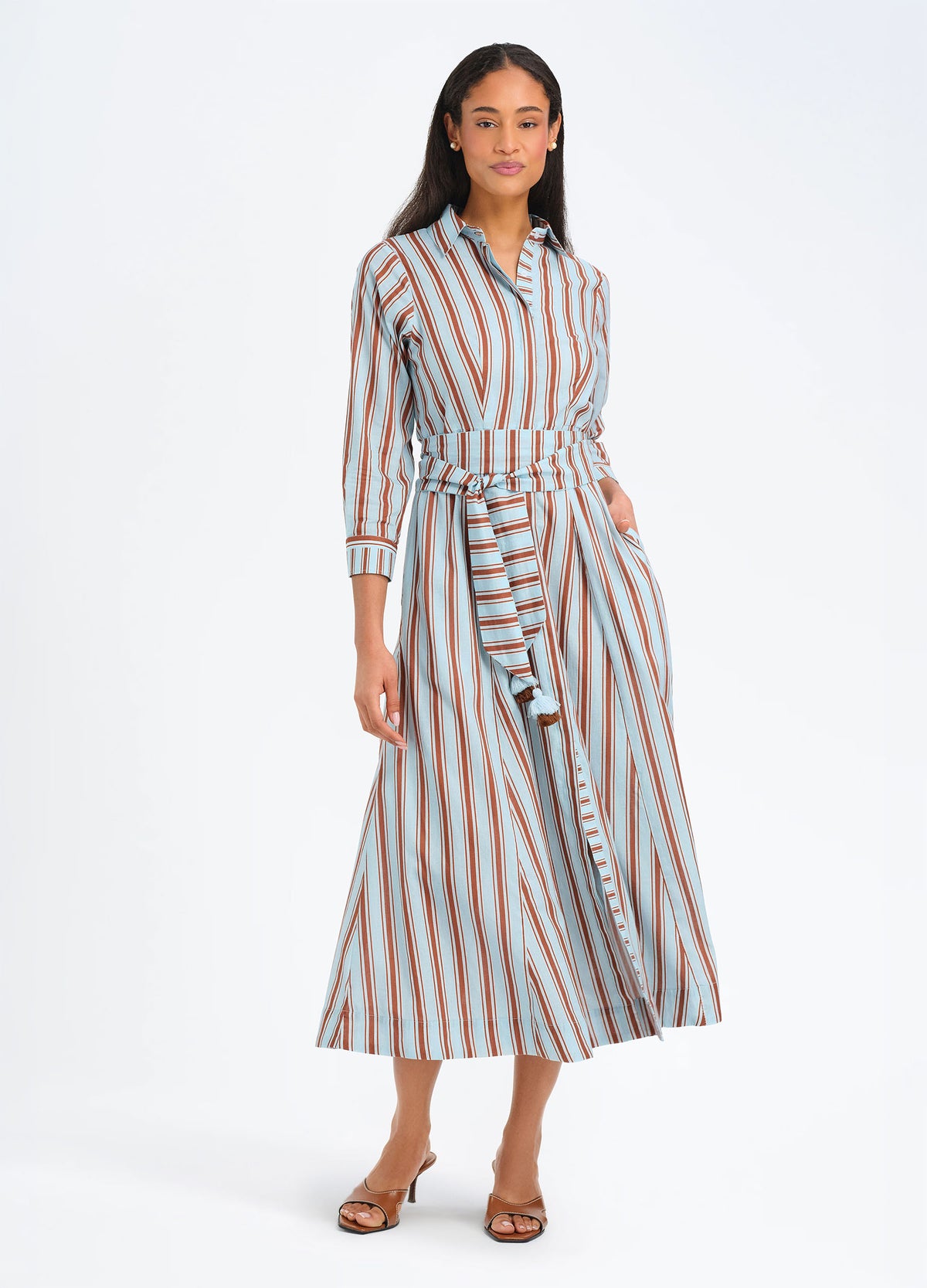 Kit Shirtdress in Cabana Cocoa, front view, hand in pocket