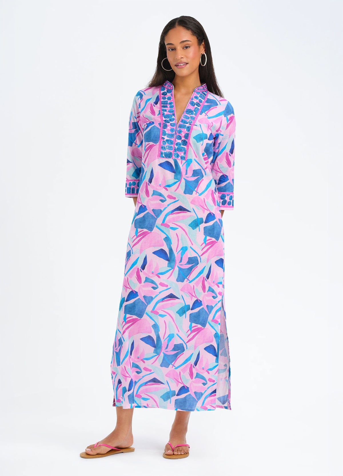 Elise Caftan in Palms Pink, front view