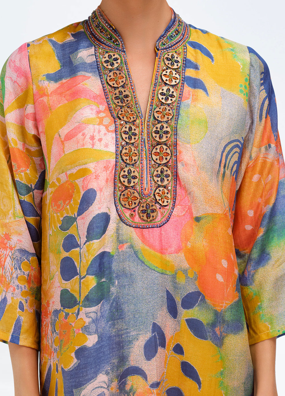 Bennett Tunic Dress in Botanica Blue, close-up of the beaded neckline