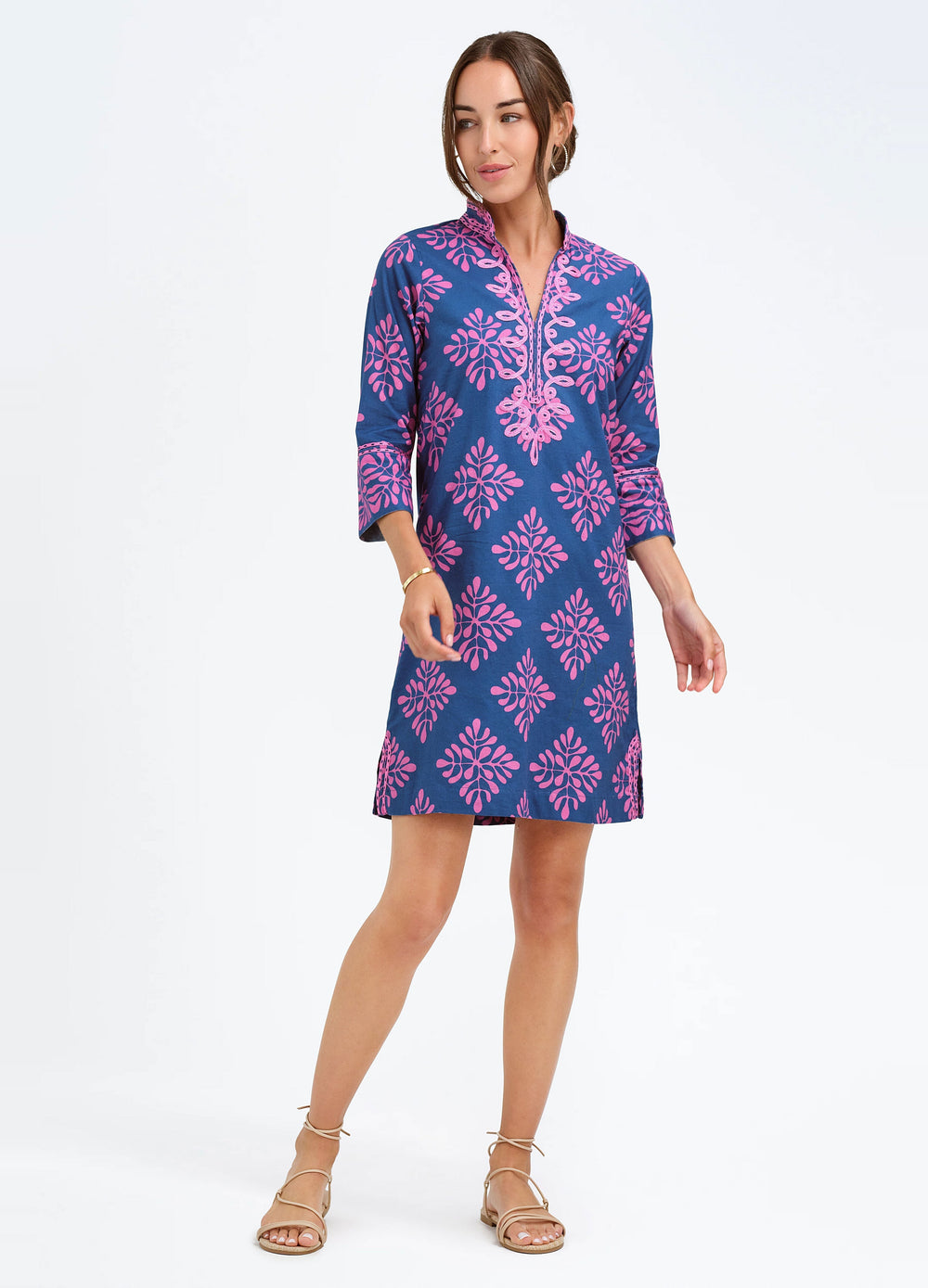 Bennett Tunic Dress in Diamond Print Navy, full-length front view