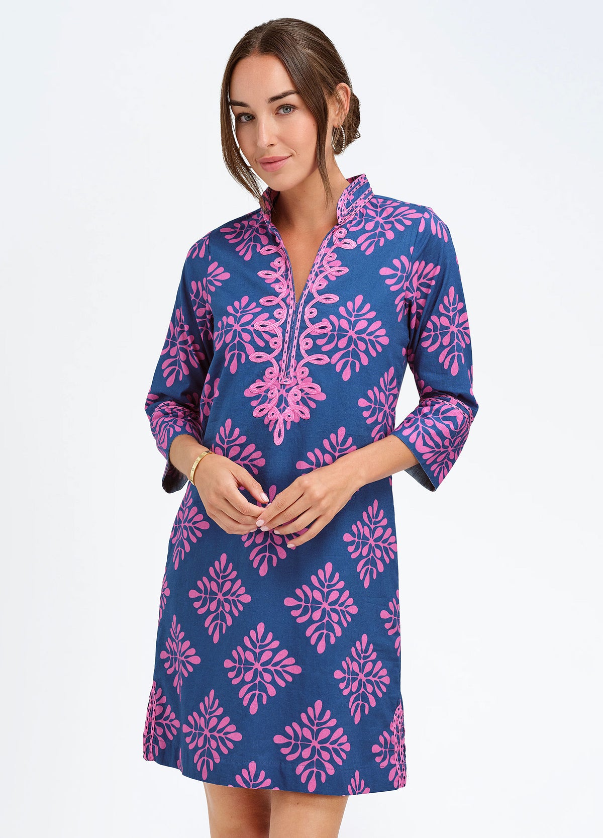 Bennett Tunic Dress in Diamond Print Navy, front view
