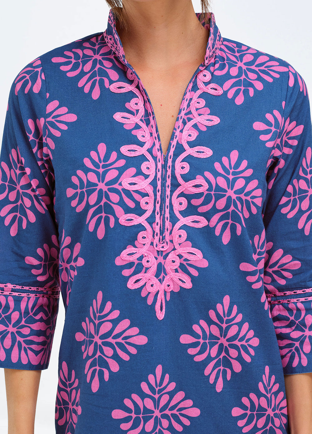 Bennett Tunic Dress in Diamond Print Navy, close-up of the embroidered neckline