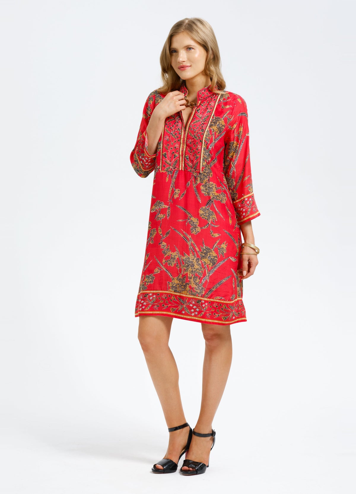 Bennett Tunic Dress in Braidy Red, front view, hand at the collar