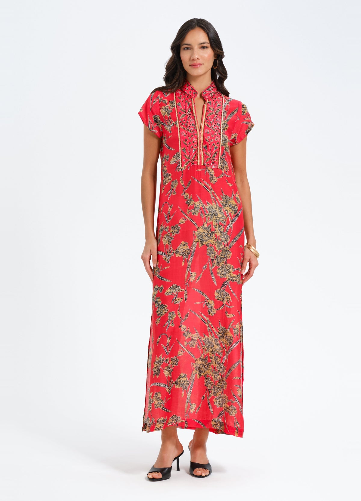 Lana Cap Sleeve Caftan in Braidy Red, front view