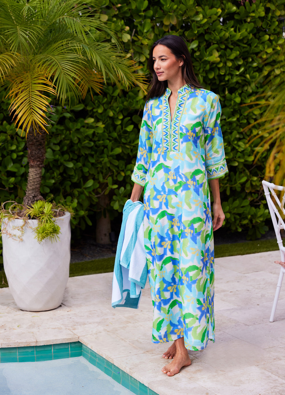 Elise Caftan in Lily Blue, front view by the pool