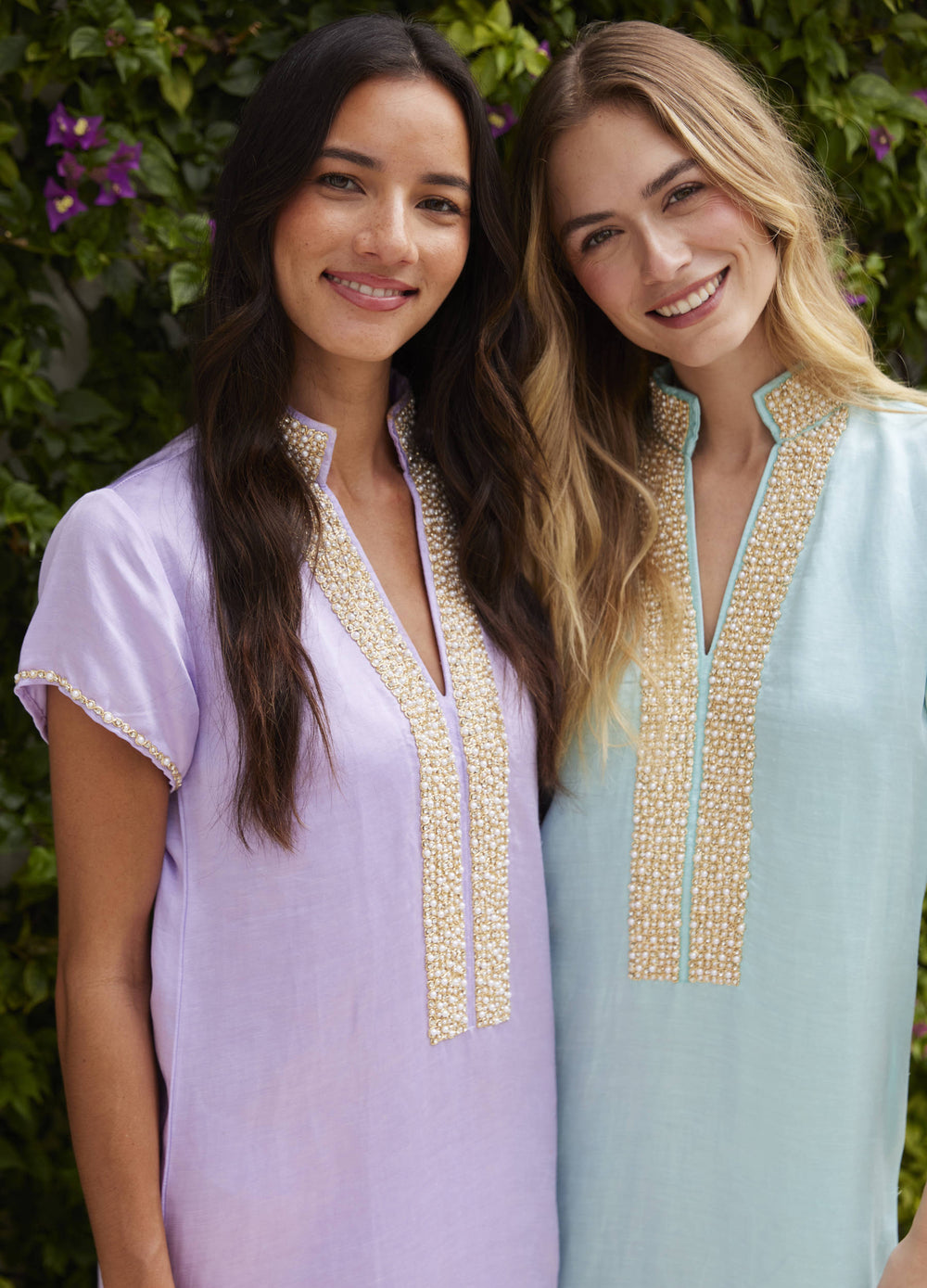 Pearl Cap Sleeve Caftan in Lilac, in a garden beside a second caftan