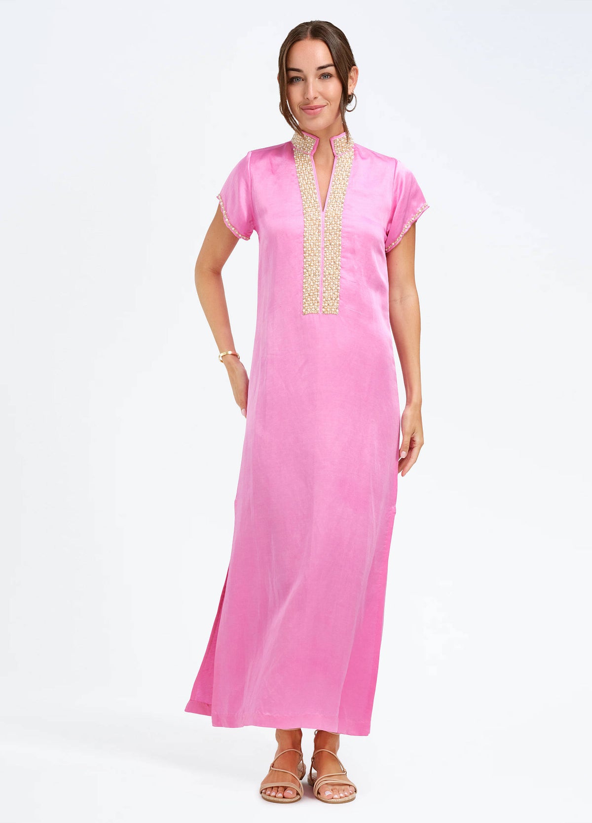 Pearl Cap Sleeve Caftan in Pink, front view