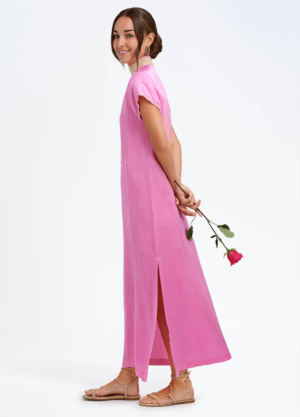 Pearl Cap Sleeve Caftan in Pink, side view, hands behind the back