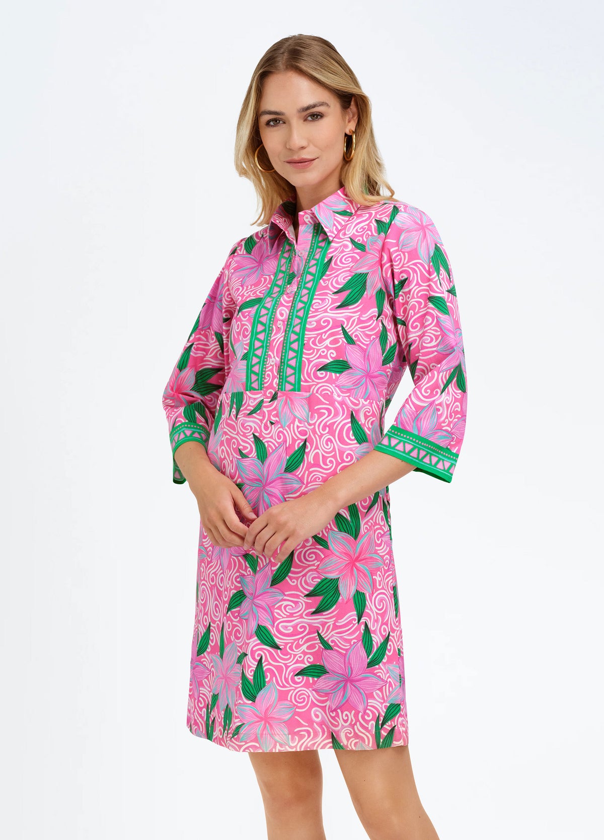 Charlie Dress in Maui Pink, front view, hands clasped