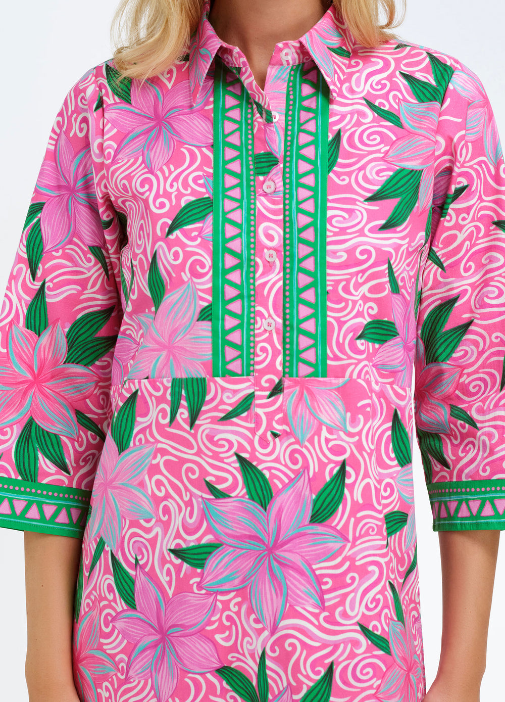Charlie Dress in Maui Pink, close-up of the placket trim