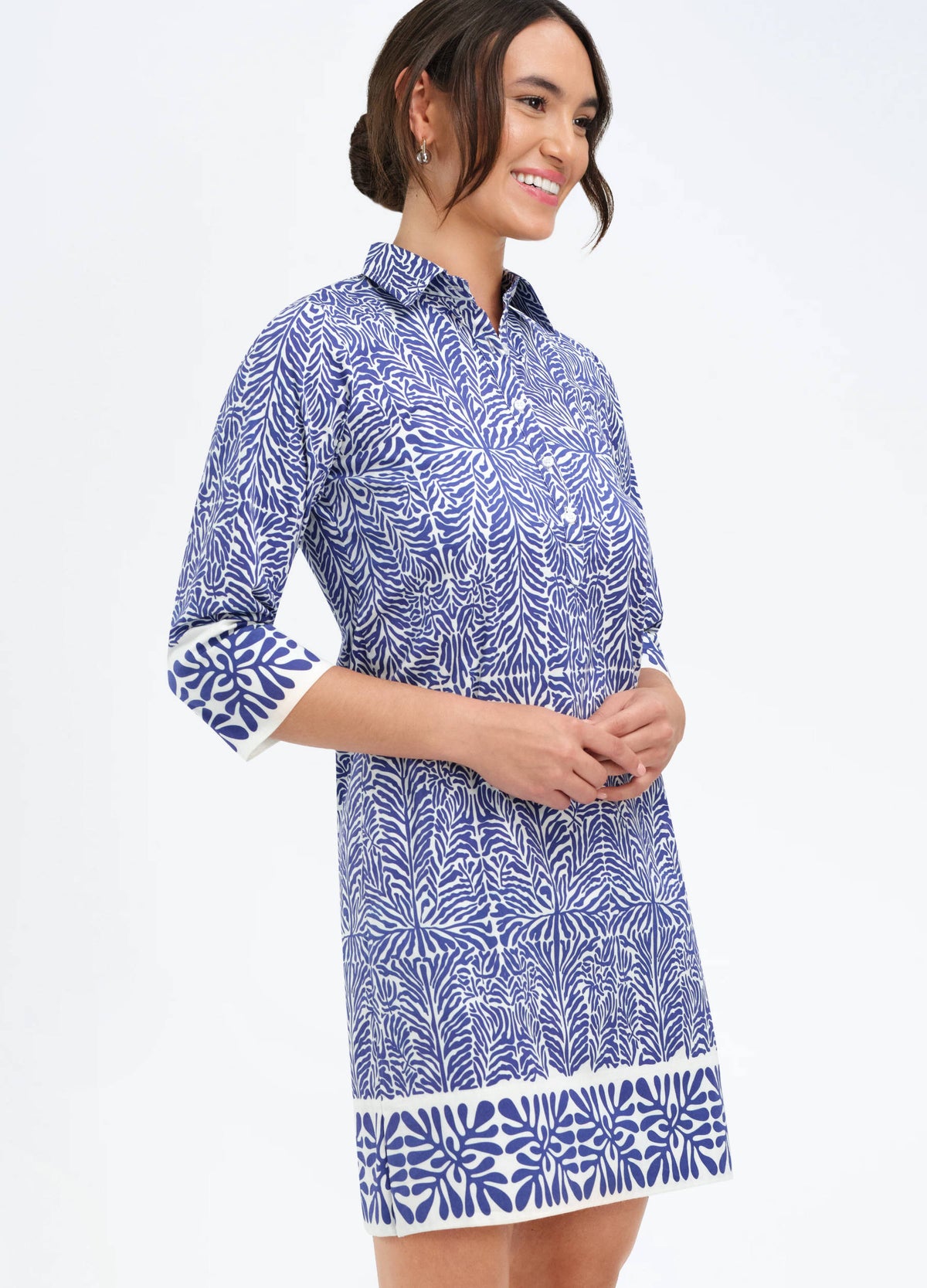 Charlie Dress in Coral Navy, three-quarter view