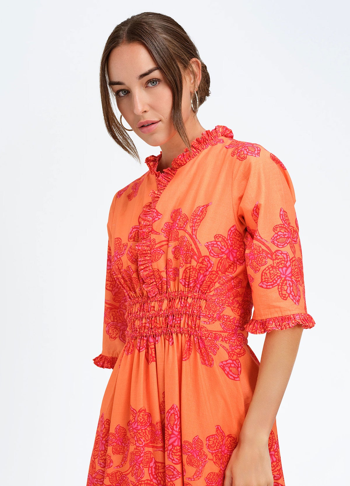 Daphne Dress in Flora Coral, closer three-quarter view