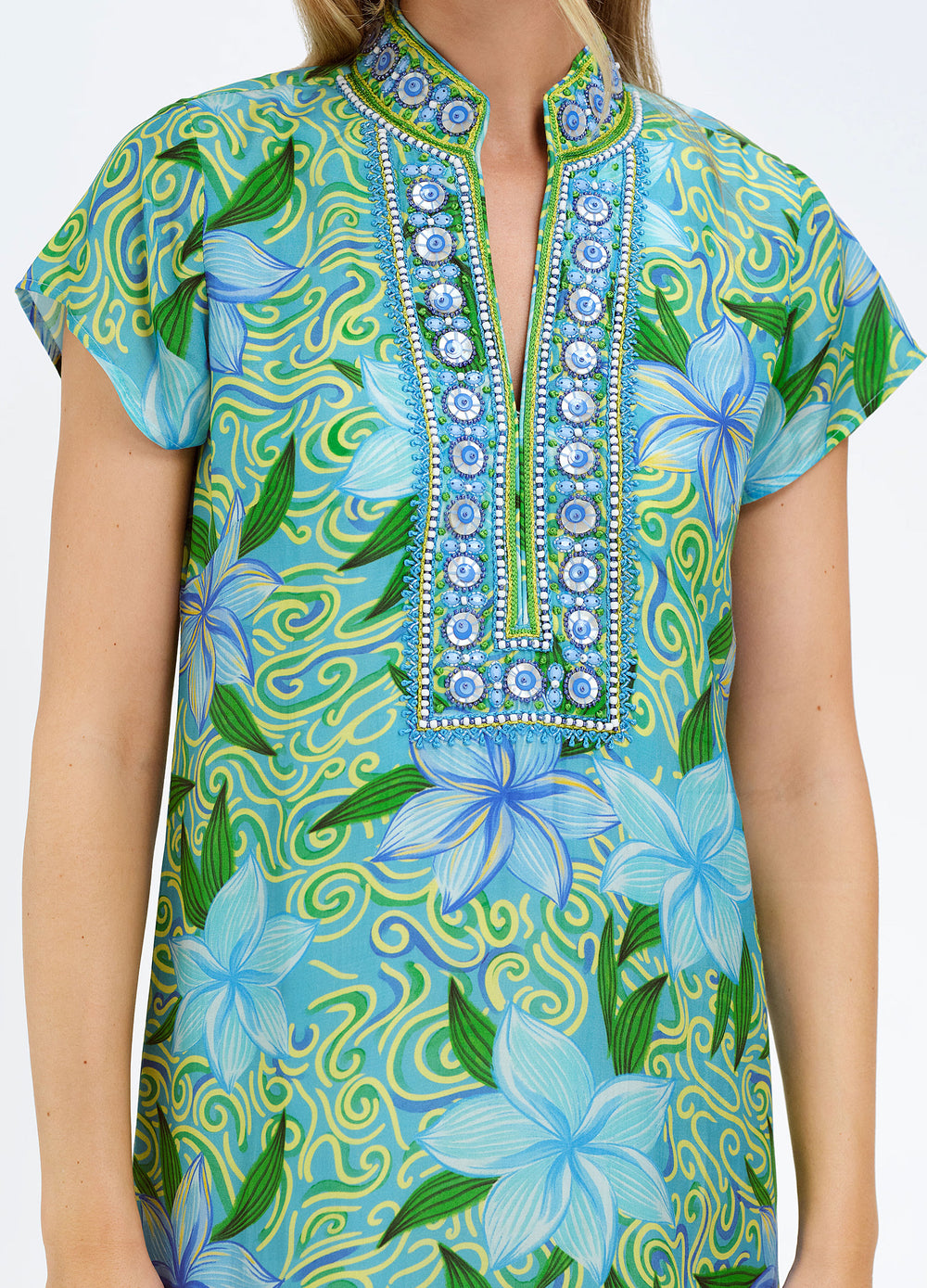 Eli Dress in Maui Blue, close-up of the embellished placket