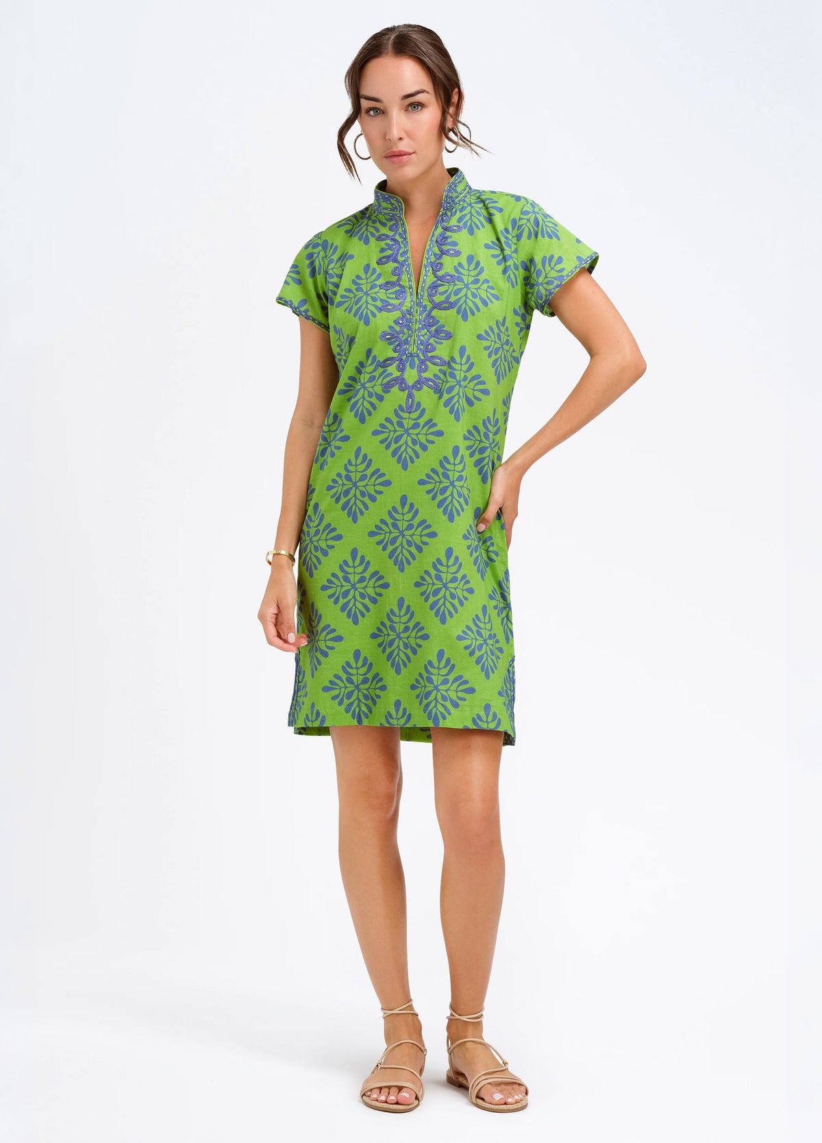 Eli Dress in Diamond Green, front view, hand on hip