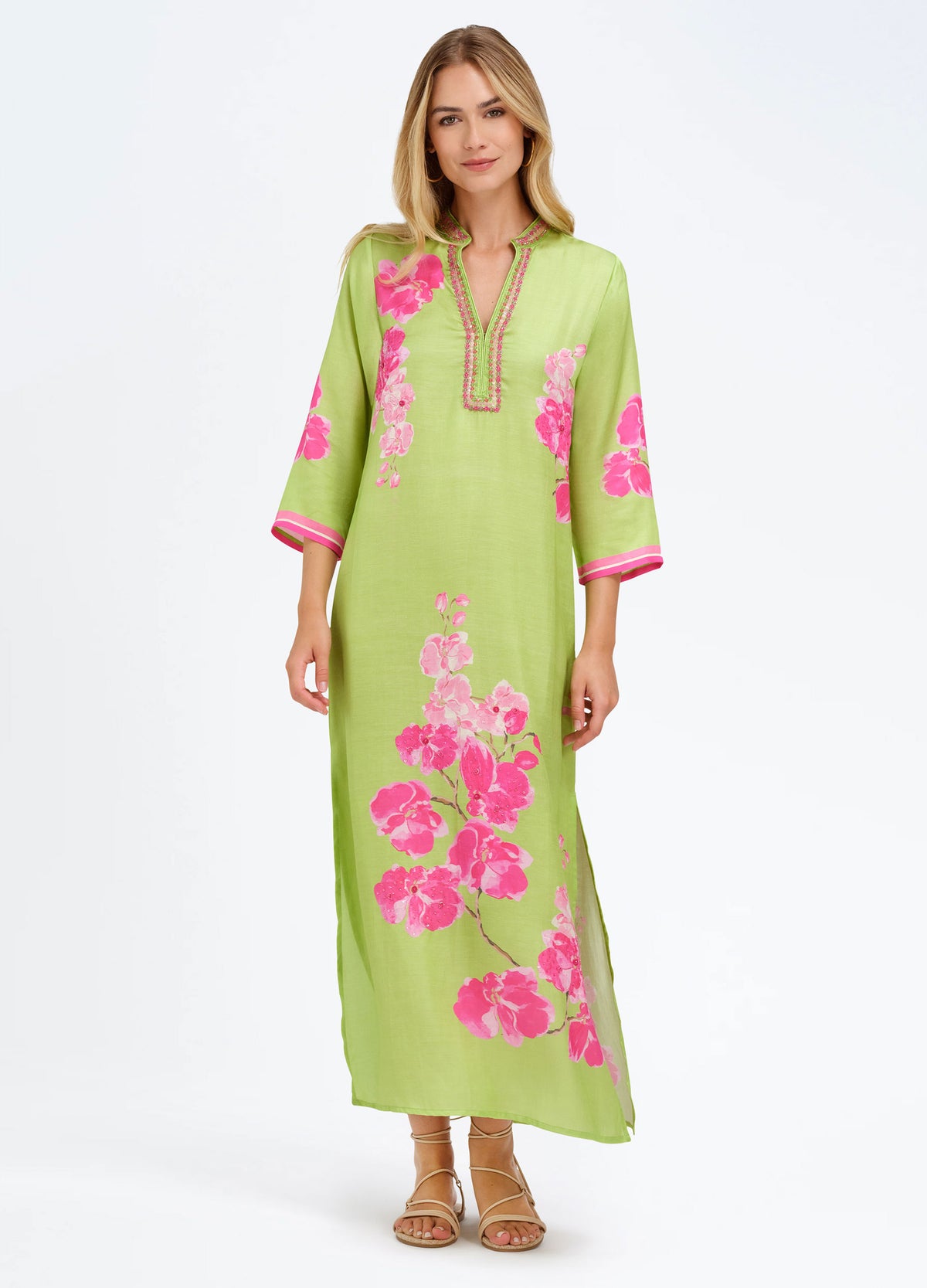 Elise Caftan in Orchid Green, front view