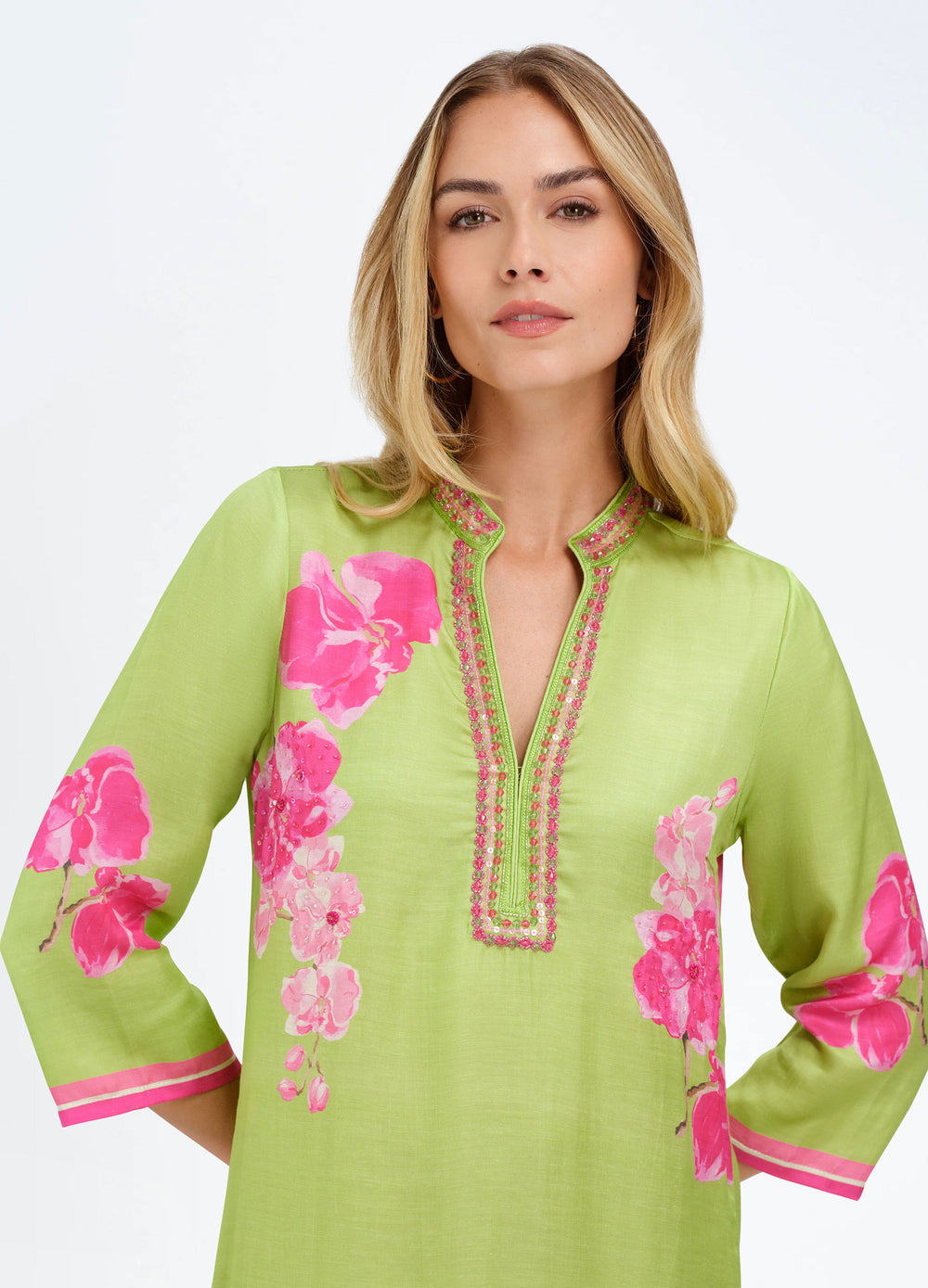 Elise Caftan in Orchid Green, close-up of the neckline