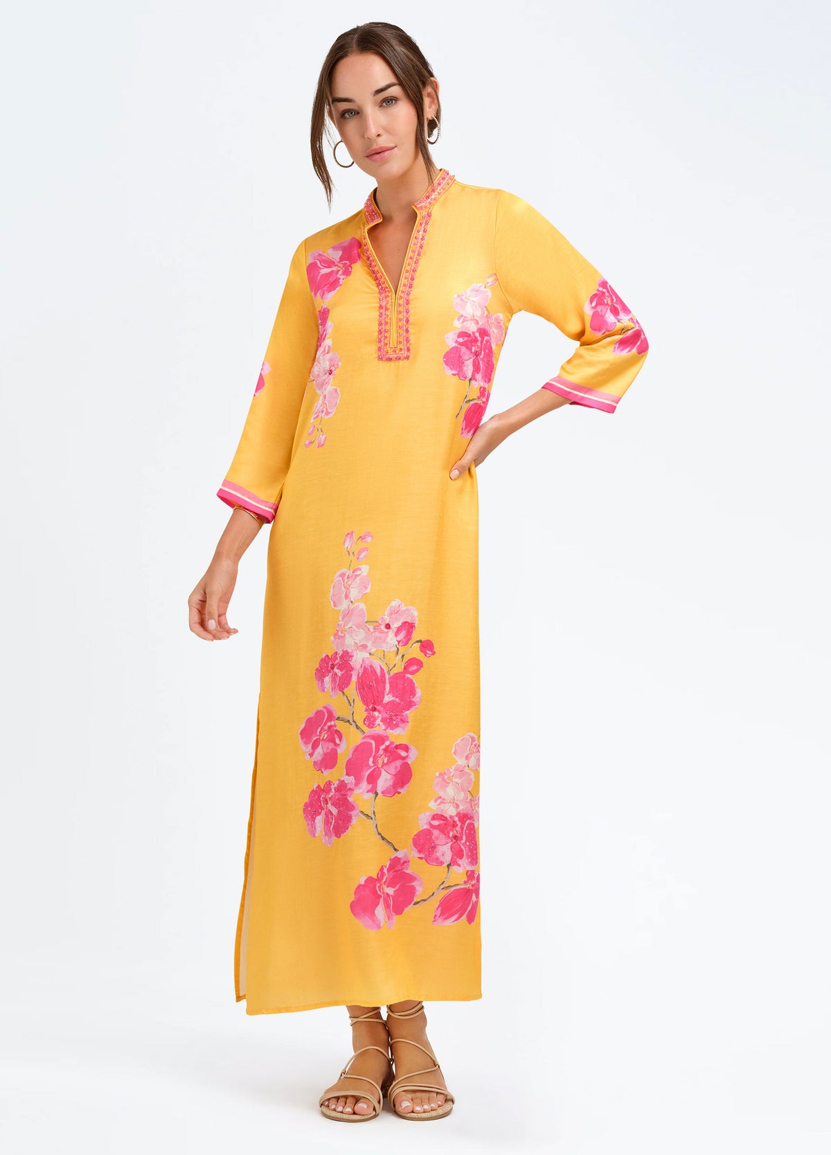 Elise Caftan in Orchid Melon, front view, hand on hip