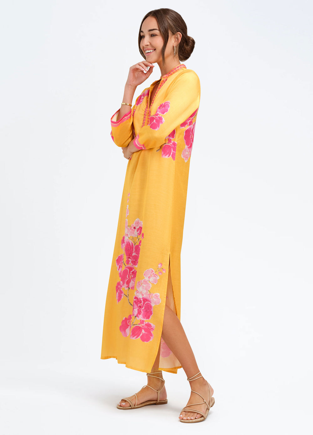 Elise Caftan in Orchid Melon, three-quarter view, walking