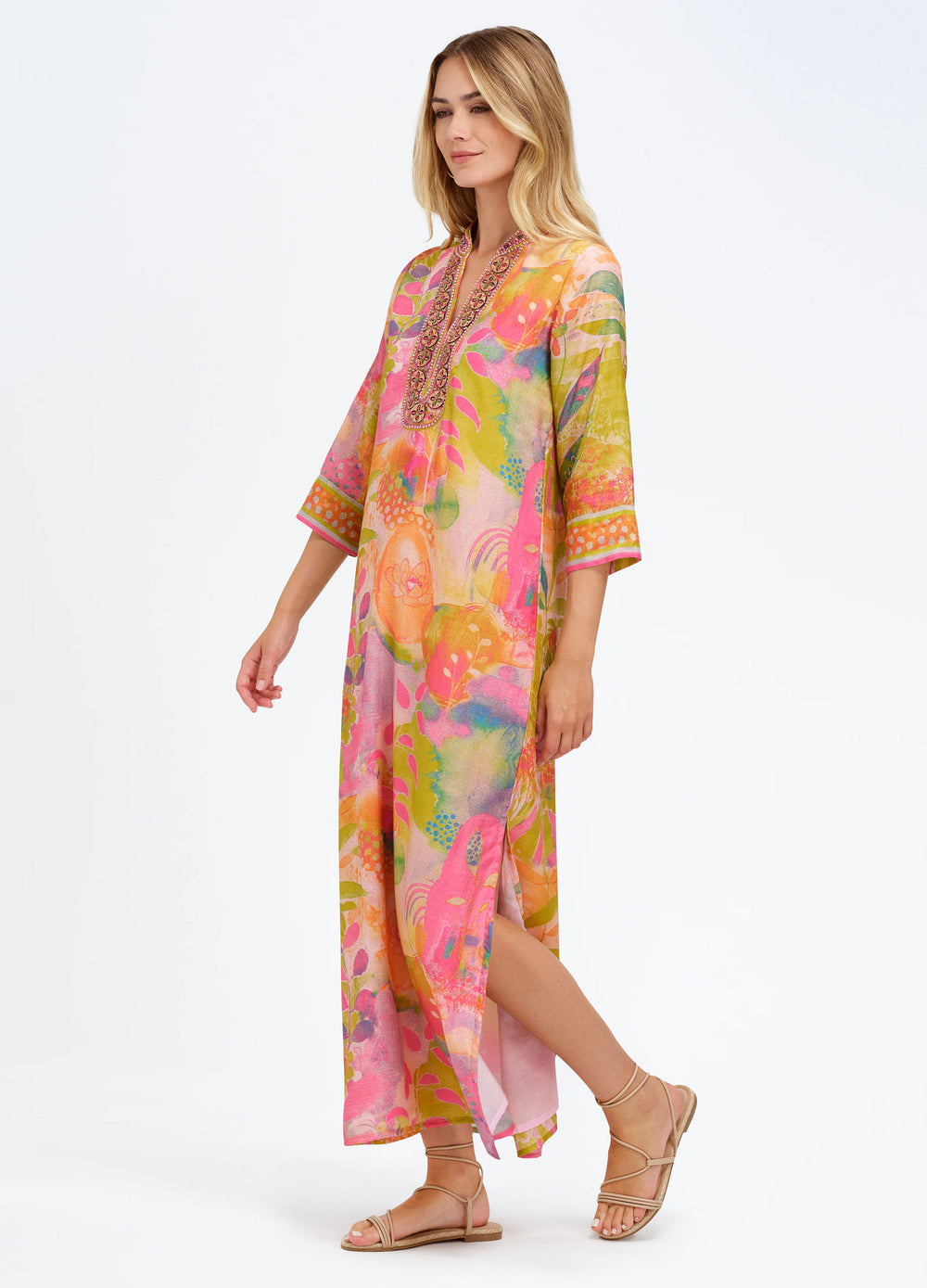 Elise Caftan in Botanica Pink, three-quarter view, walking