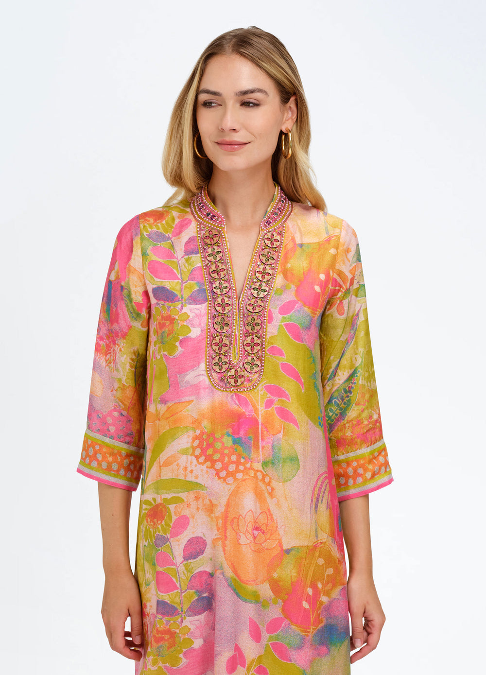 Elise Caftan in Botanica Pink, closer front view