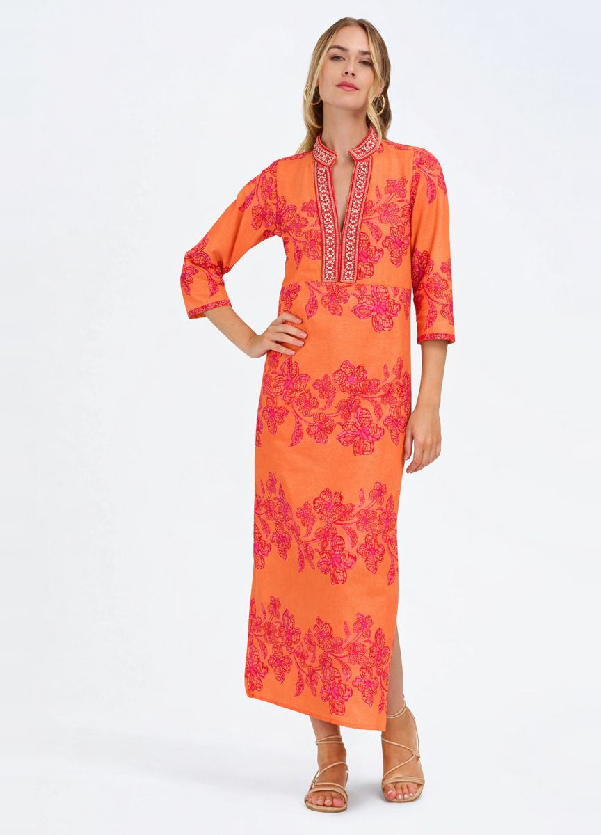 Elise Caftan in Flora Coral, front view, hand on hip