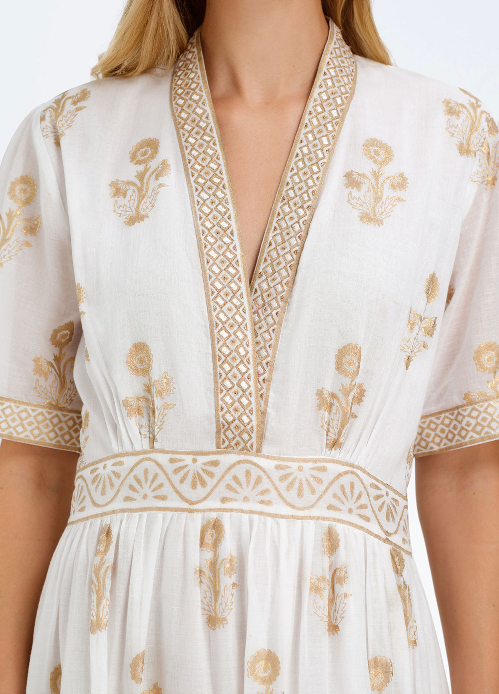 Erin Dress in Ophelia Gold, close-up of the neckline and waistband