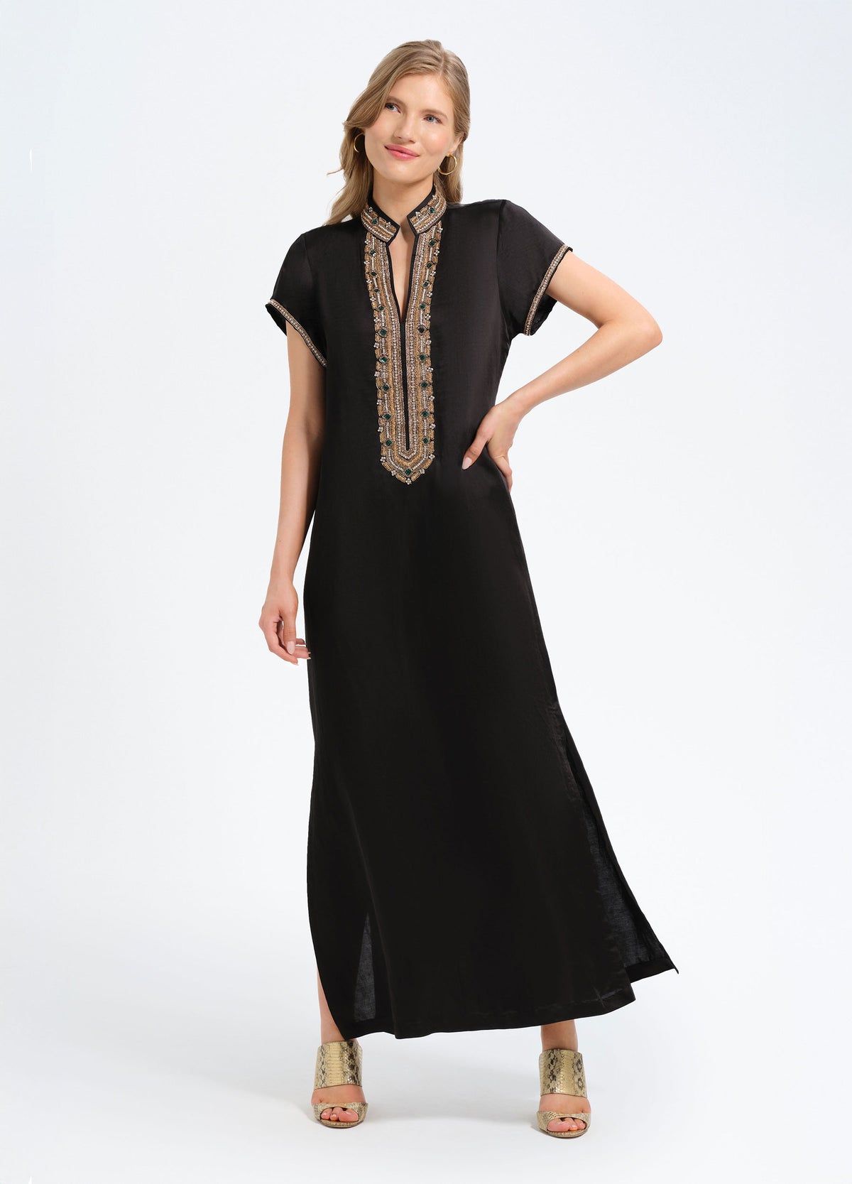 Hayden Caftan in Black, front view, hand on hip