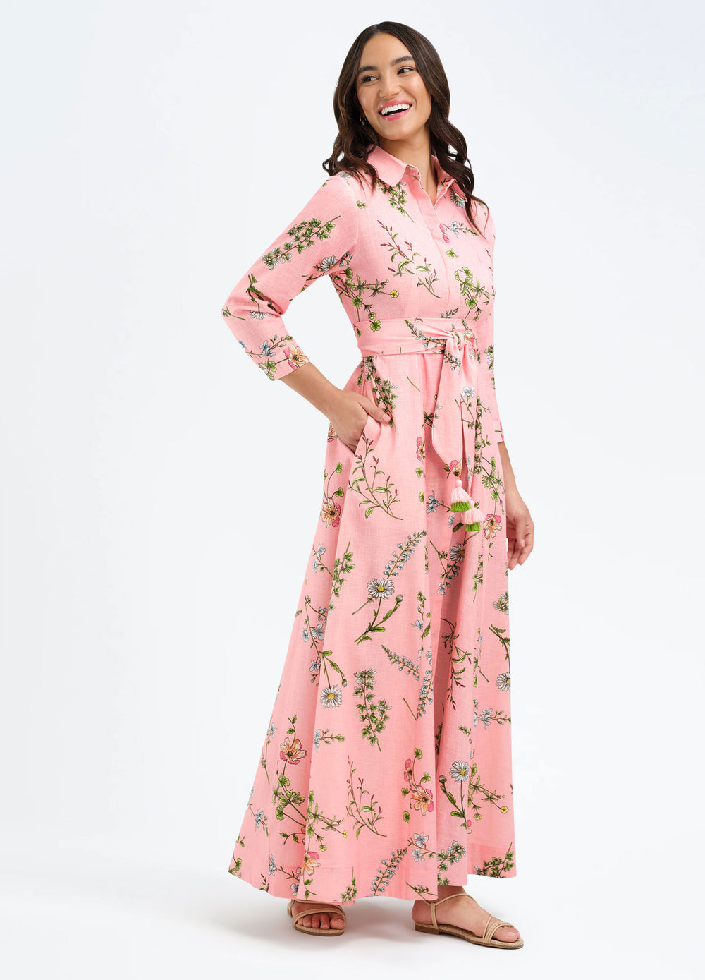 Kit Shirtdress in Meadow Pink, three-quarter view, hand in pocket