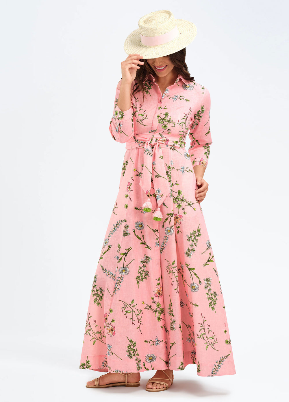 Kit Shirtdress in Meadow Pink, front view, hand raised