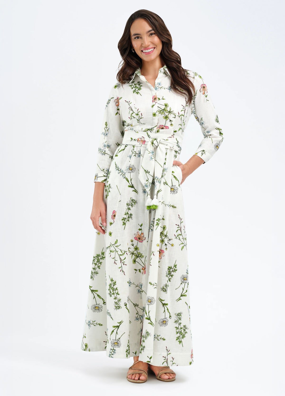 Kit Shirtdress in Meadow White, front view, hand on hip