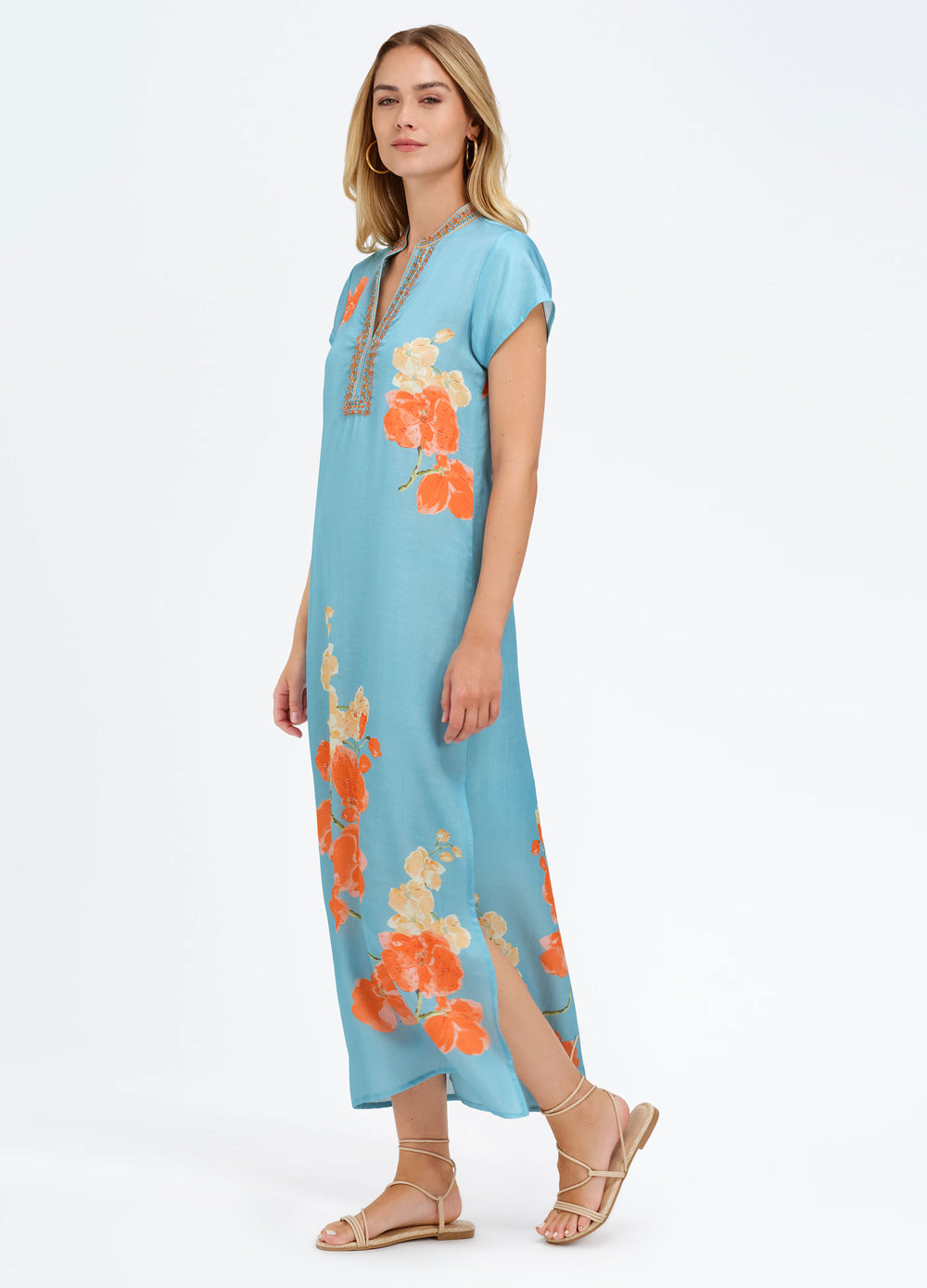 Lana Cap Sleeve Caftan in Orchid Blue, three-quarter view, walking