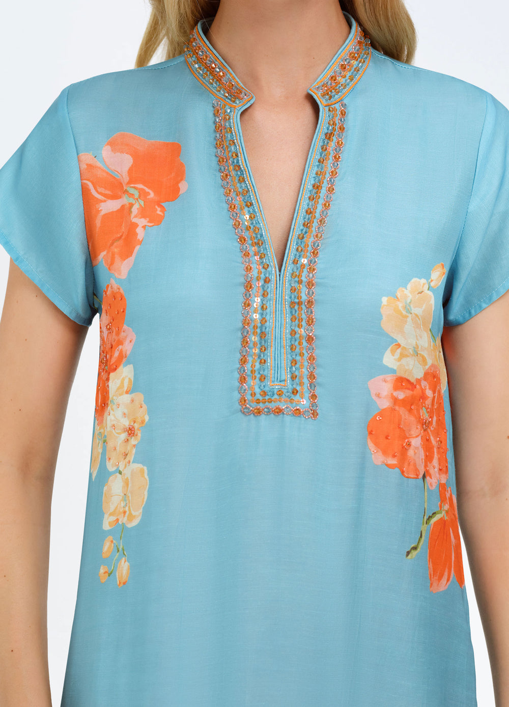 Lana Cap Sleeve Caftan in Orchid Blue, close-up of the beaded neckline