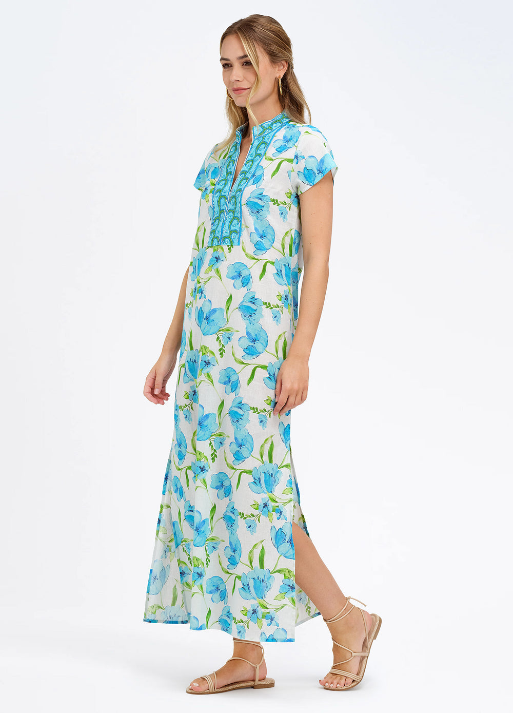 Lana Cap Sleeve Caftan in Petal Blue, three-quarter view, walking