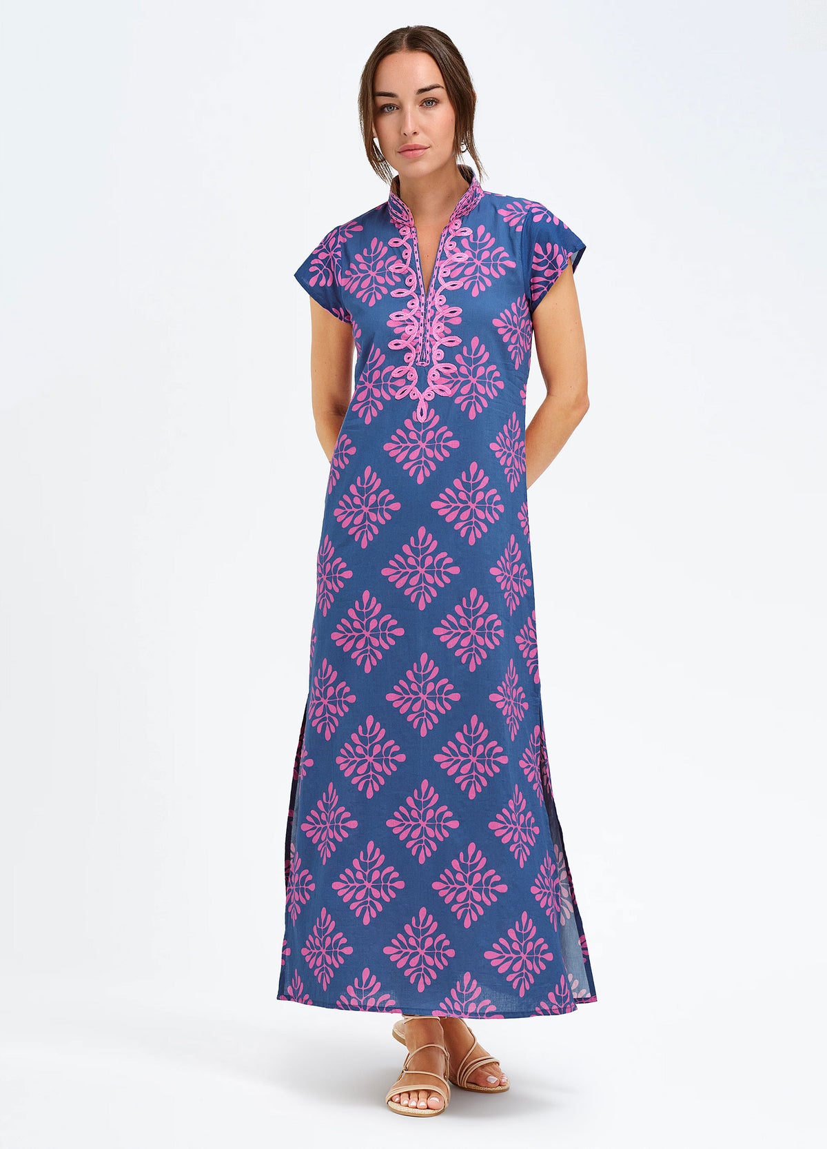 Lana Cap Sleeve Caftan in Diamond Print Navy, front view