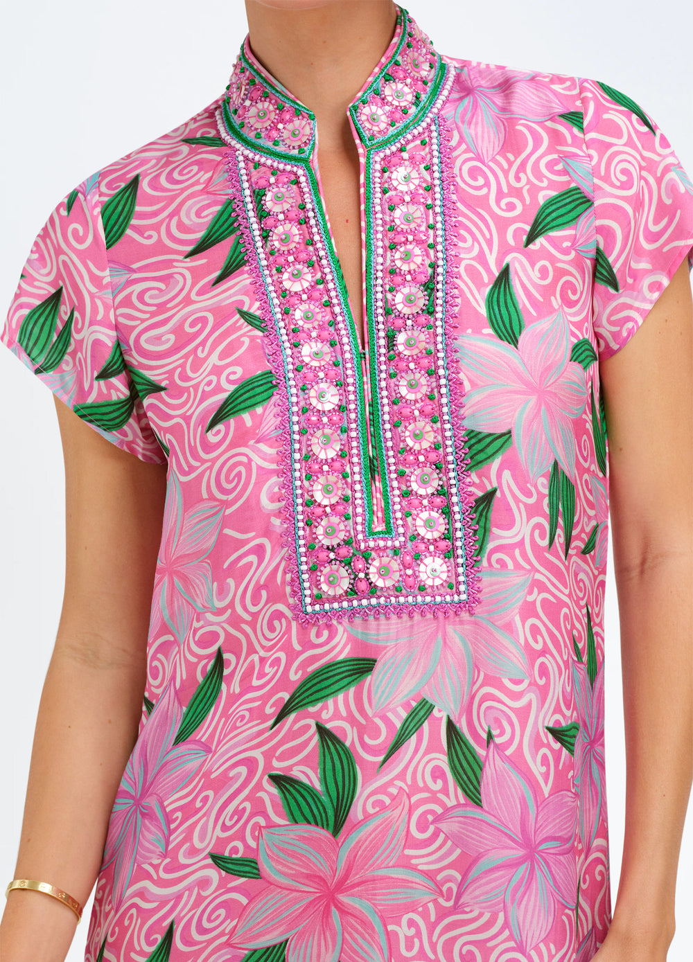 Lana Cap Sleeve Caftan in Maui Pink, close-up of the beaded neckline