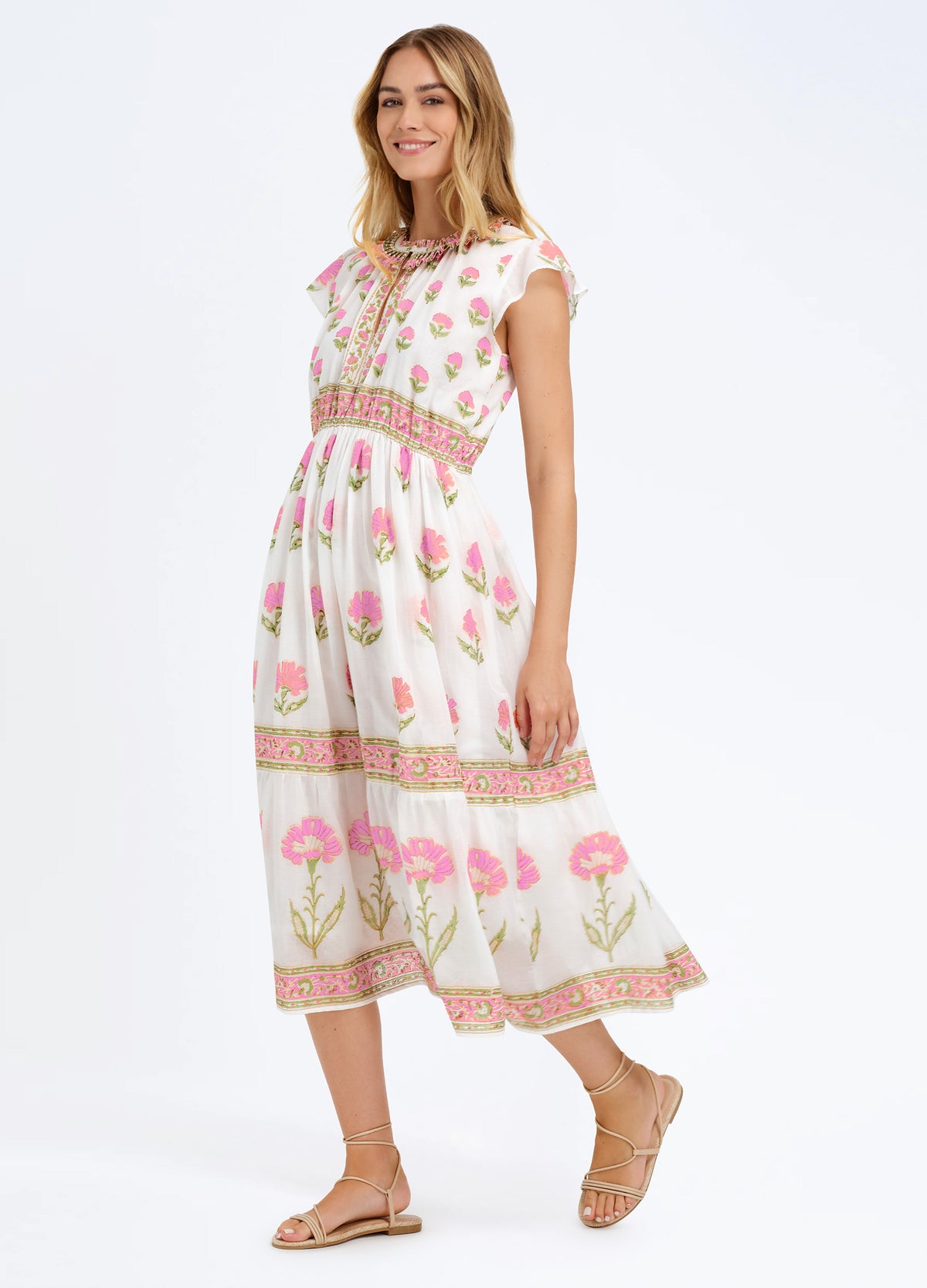 Liz Dress in Nicole Pink, three-quarter view, walking